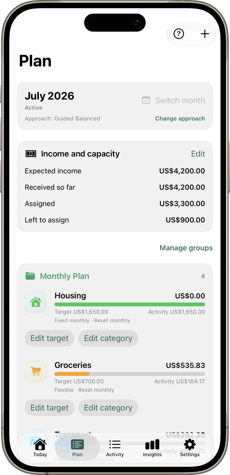 Alfie Plan on iPhone with income, bills, goals, and money left to assign