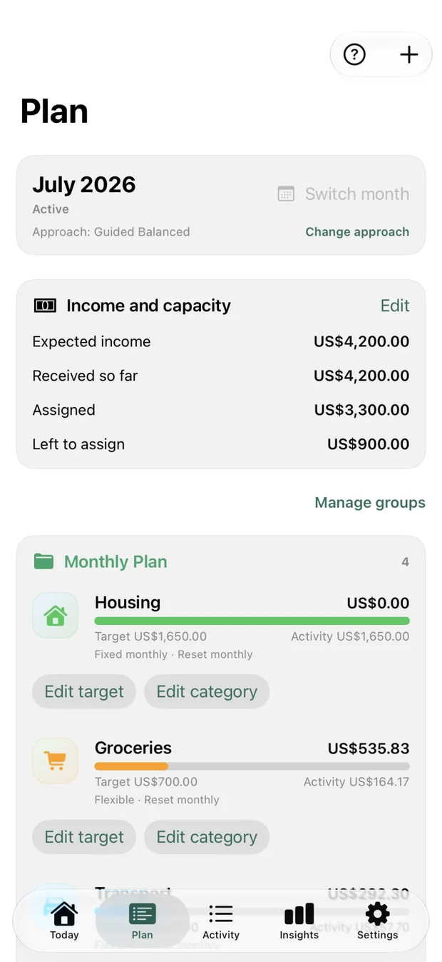 Alfie Plan screen with assigned budget categories