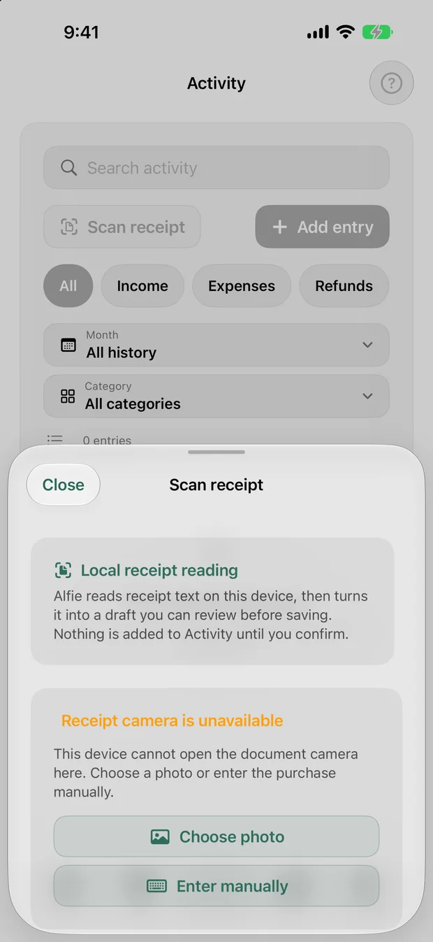 Alfie receipt capture screen